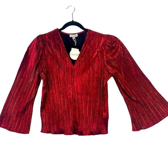 Chenault Red Metallic Shine Bell Sleeve Roll V Neck Stretchy Crinkle NWT Top M - Picture 13 of 15